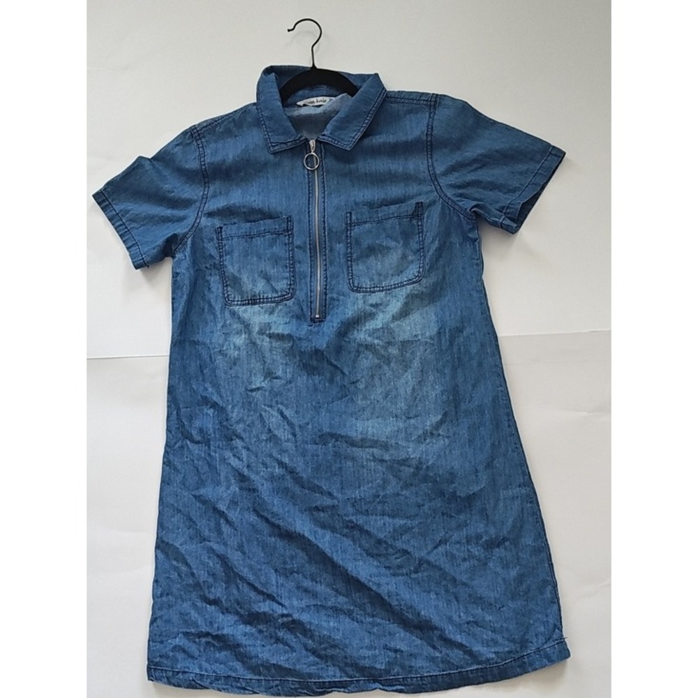 Women Shirt Dress Size Medium Chambray Denim Half-Zip Aline Blue Casual Beach
